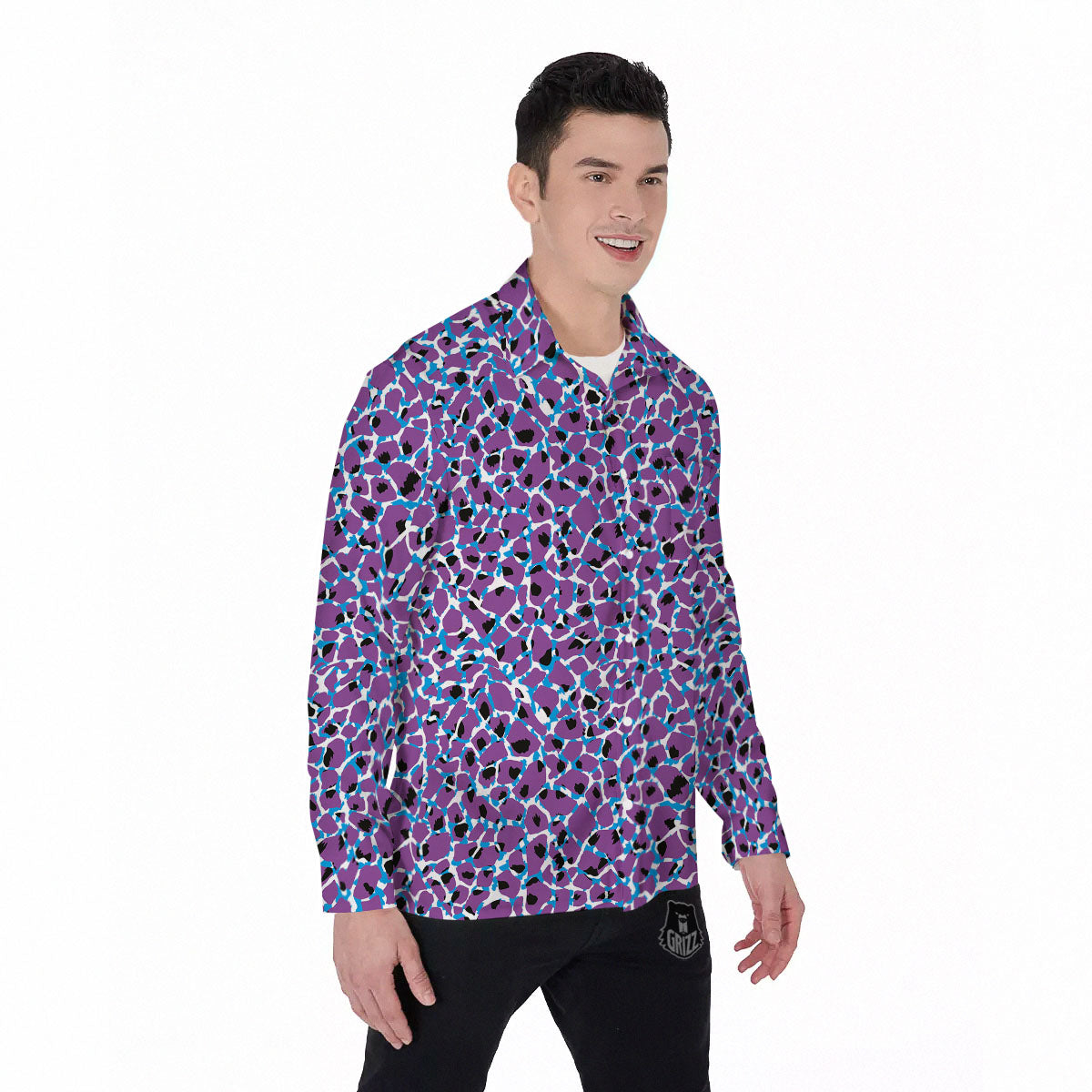 Giraffe Teal And Purple Print Pattern Men's Long Sleeve Shirts-grizzshop