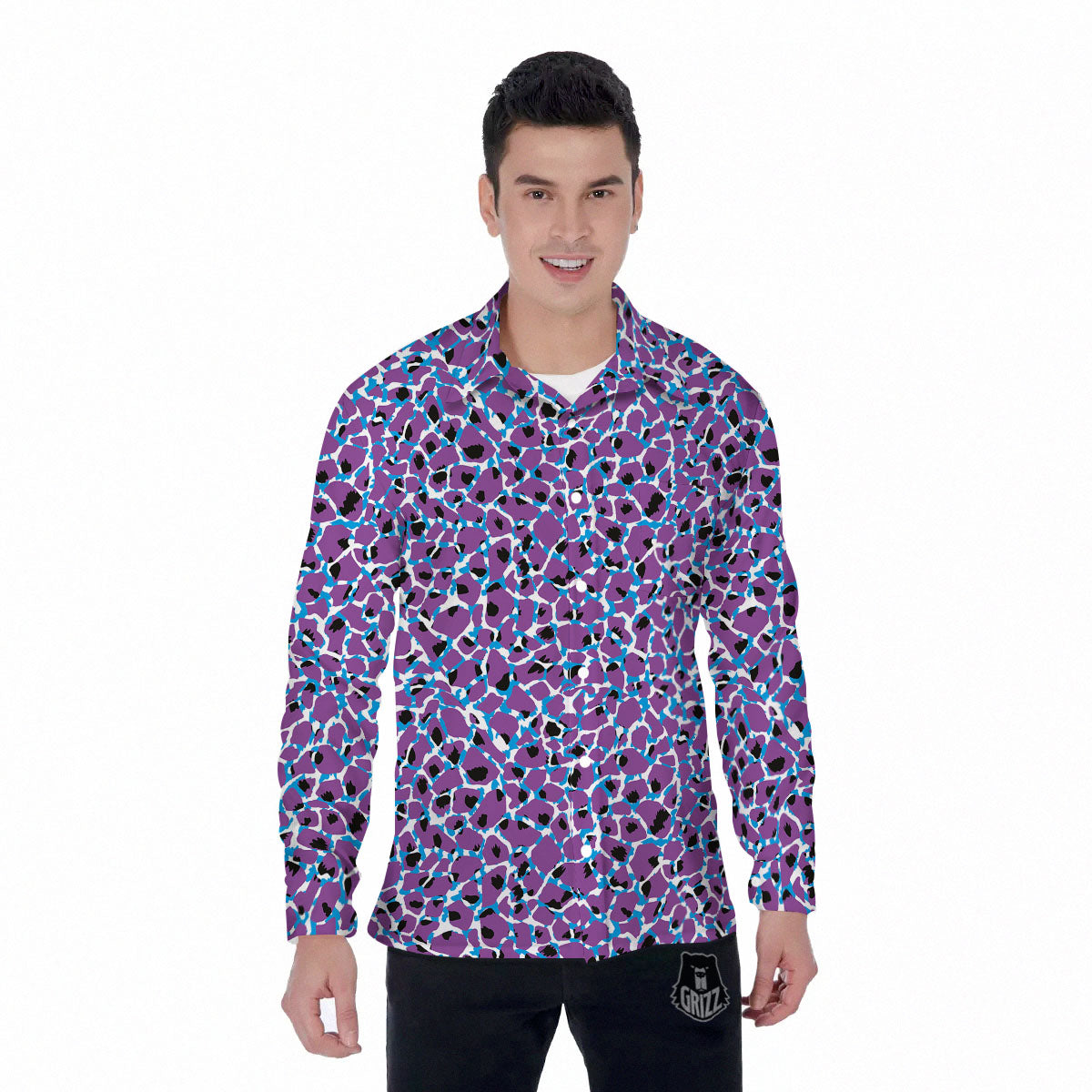 Giraffe Teal And Purple Print Pattern Men's Long Sleeve Shirts-grizzshop