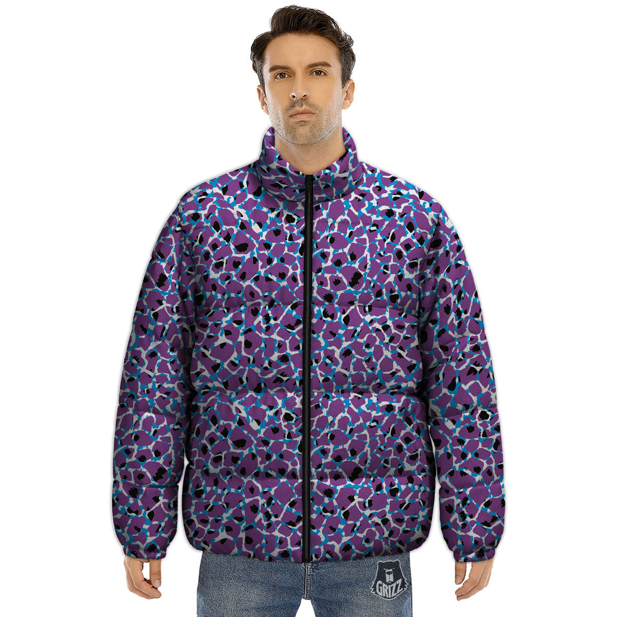 Giraffe Teal And Purple Print Pattern Puffer Jacket-grizzshop
