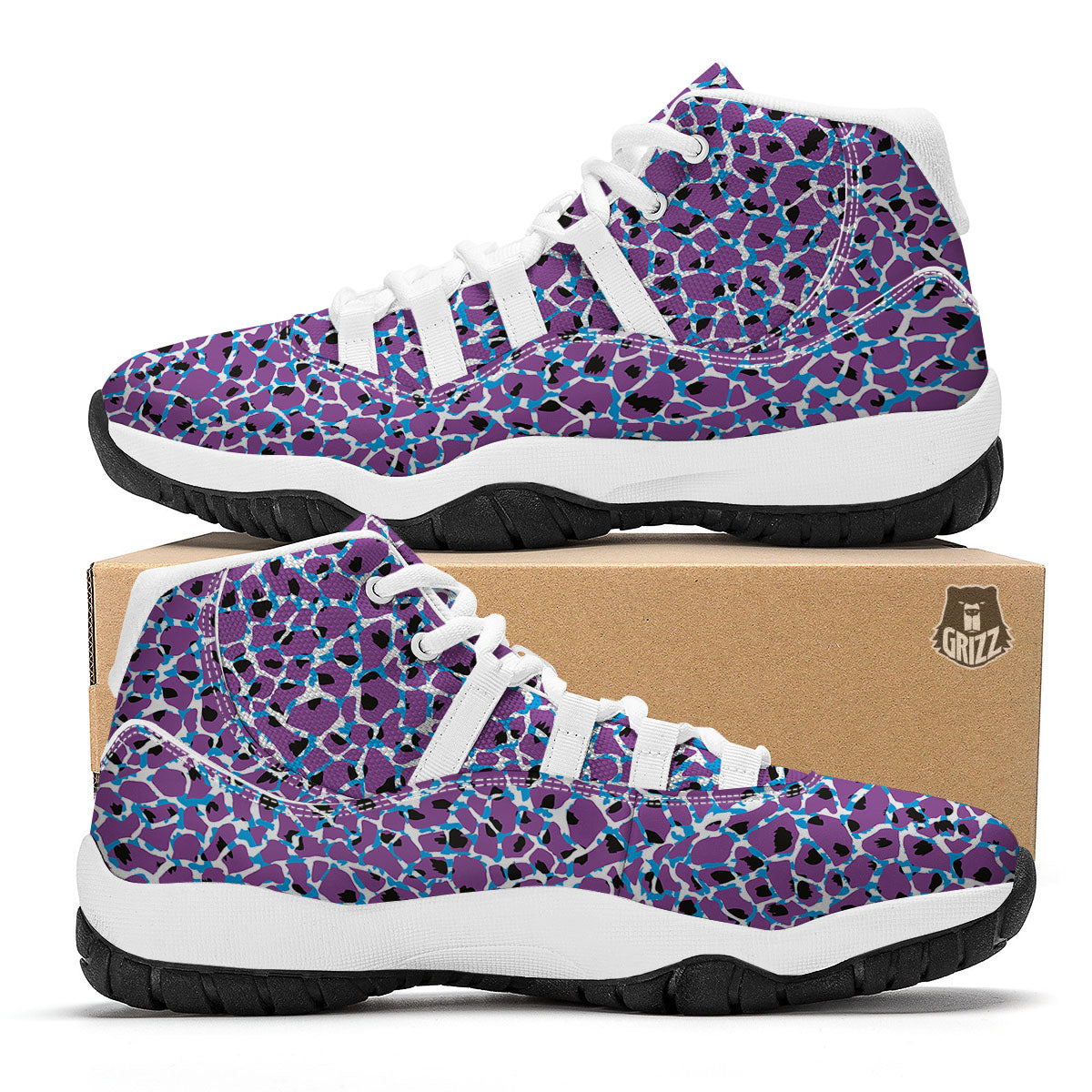 Giraffe Teal And Purple Print Pattern White Bball Shoes-grizzshop