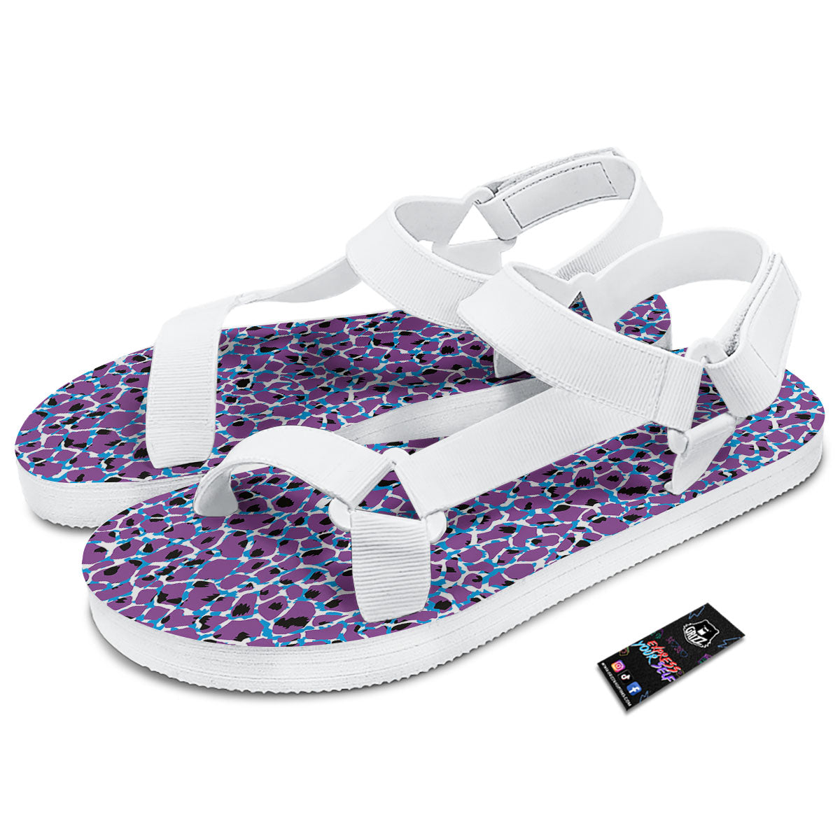 Giraffe Teal And Purple Print Pattern White Open Toe Sandals-grizzshop