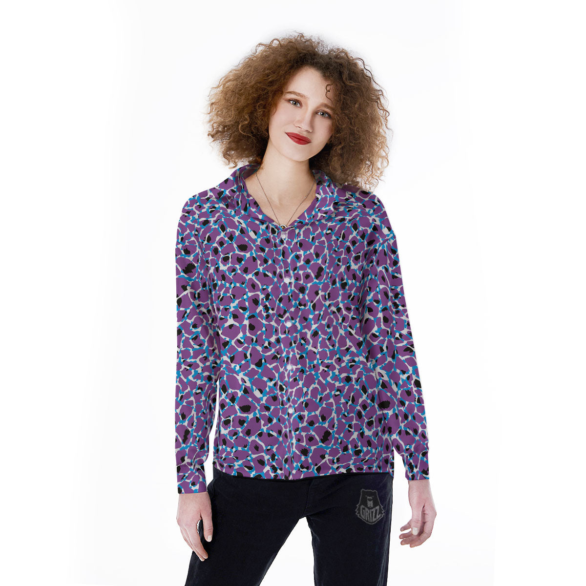 Giraffe Teal And Purple Print Pattern Women's Long Sleeve Shirts-grizzshop