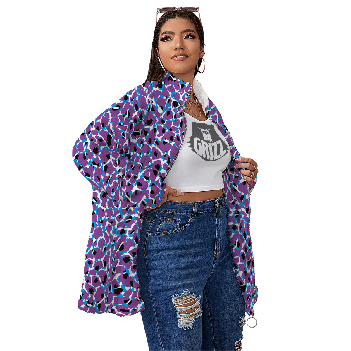 Giraffe Teal And Purple Print Pattern Women's Sherpa Jacket-grizzshop