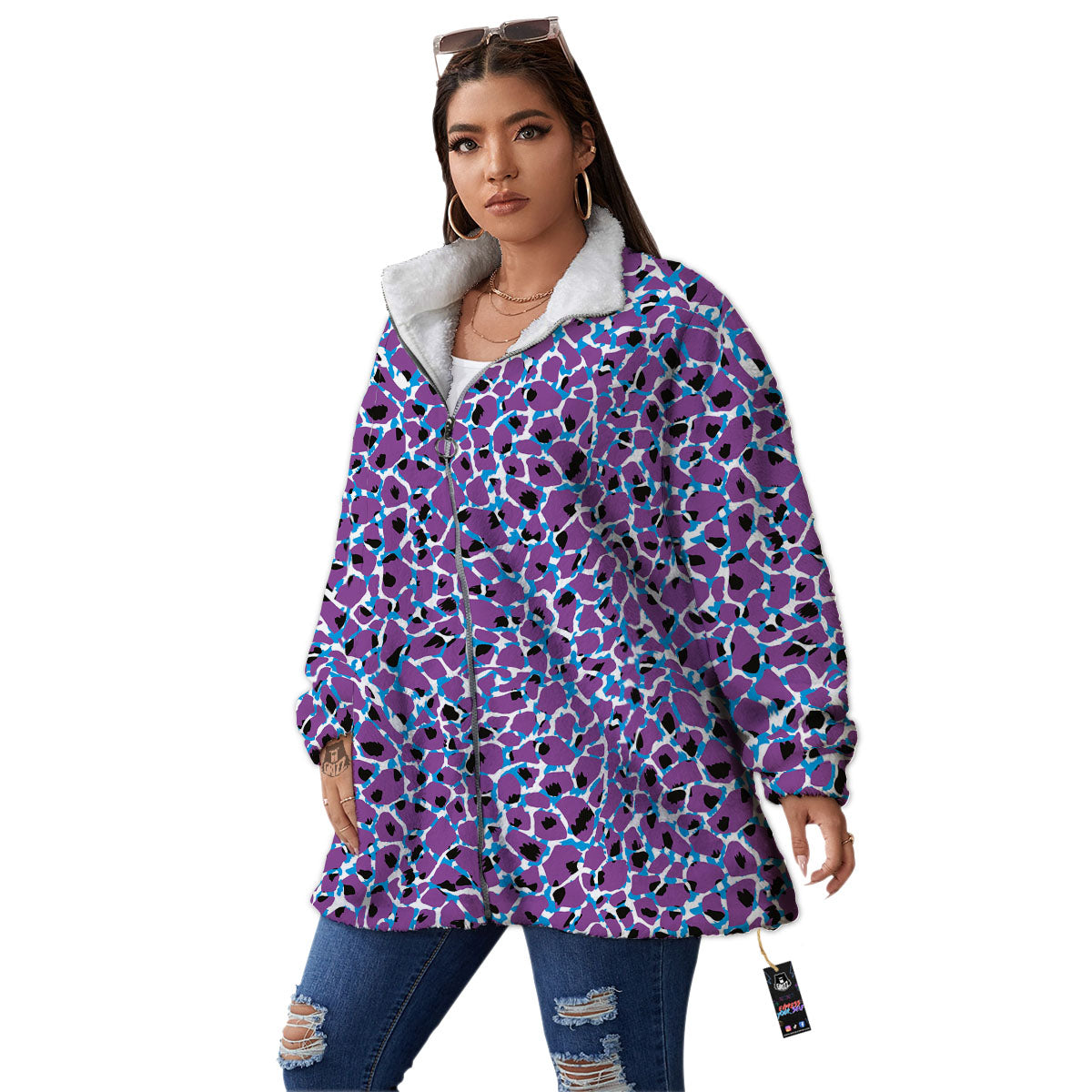 Giraffe Teal And Purple Print Pattern Women's Sherpa Jacket-grizzshop