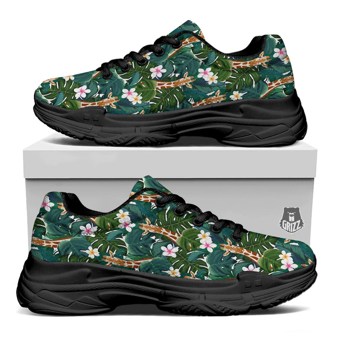 Giraffe Tropical Print Pattern Black Chunky Shoes-grizzshop