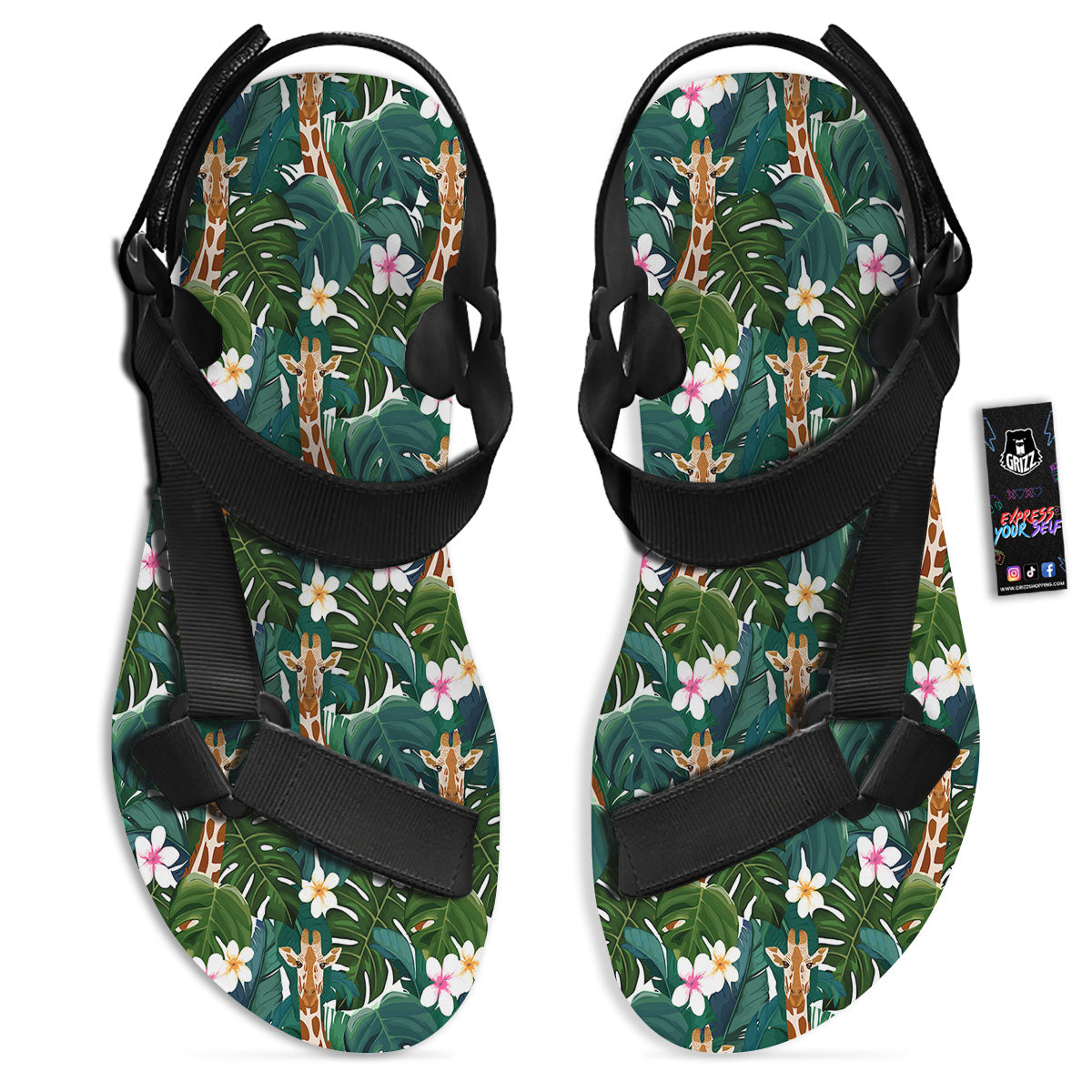 Giraffe Tropical Print Pattern Black Open Toe Sandals-grizzshop