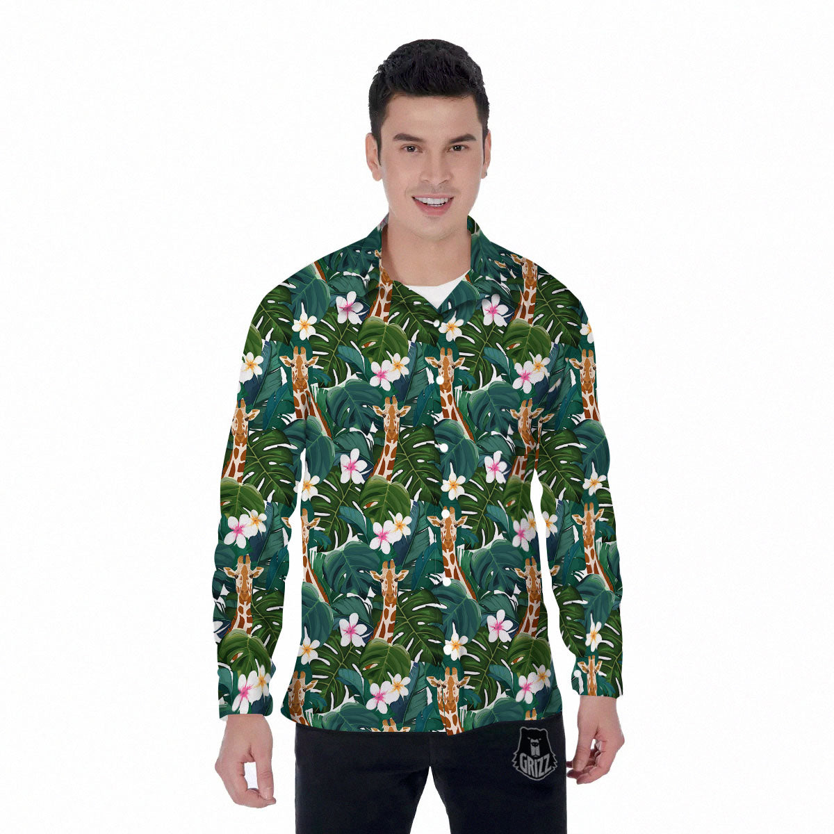 Giraffe Tropical Print Pattern Men's Long Sleeve Shirts-grizzshop