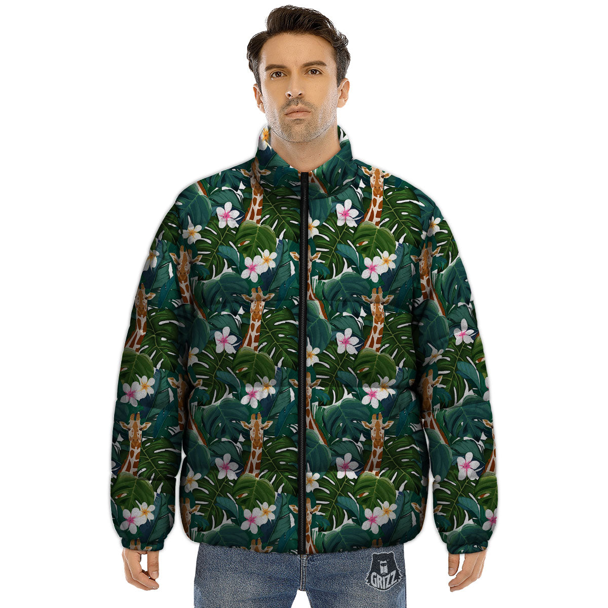Giraffe Tropical Print Pattern Puffer Jacket-grizzshop