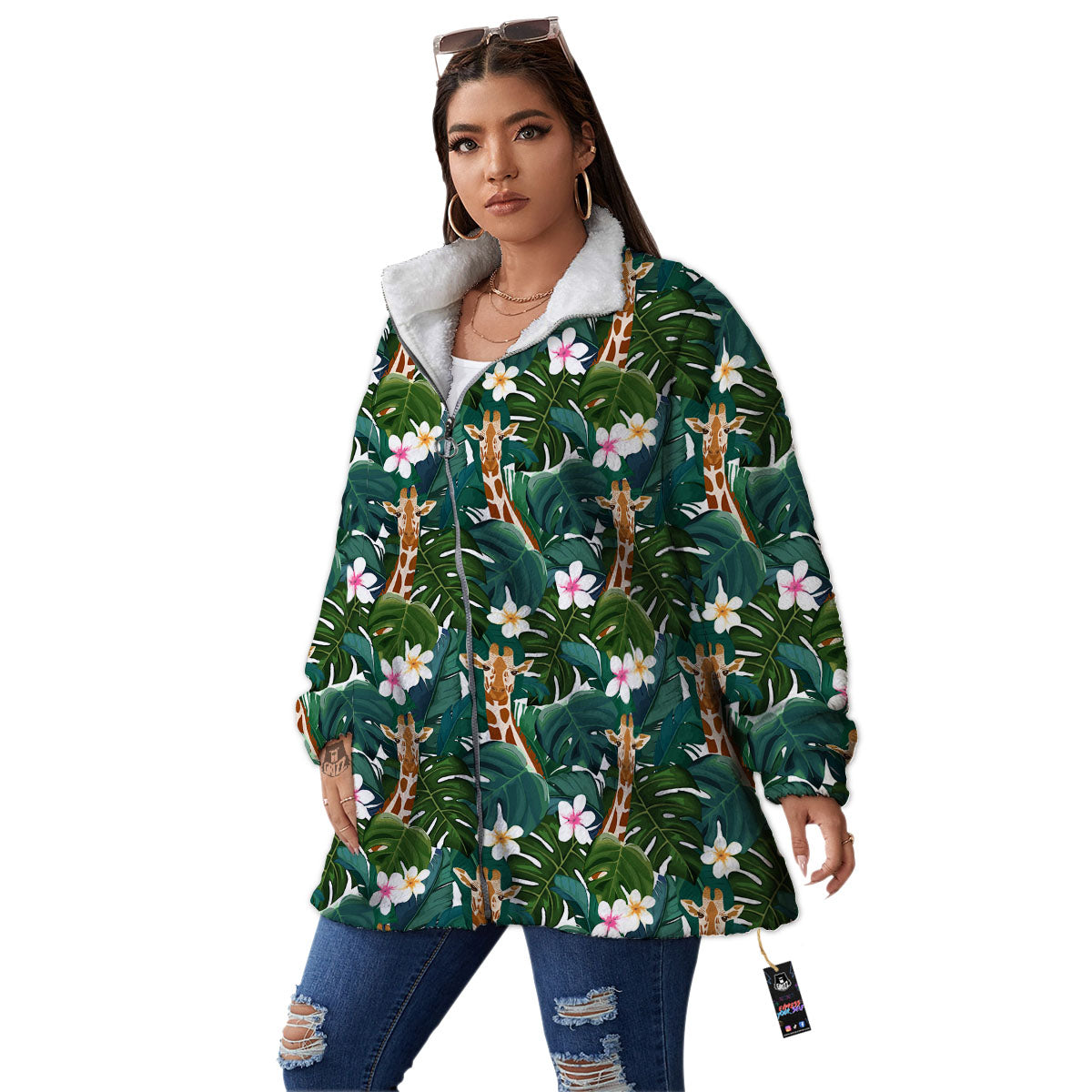 Giraffe Tropical Print Pattern Women's Sherpa Jacket-grizzshop
