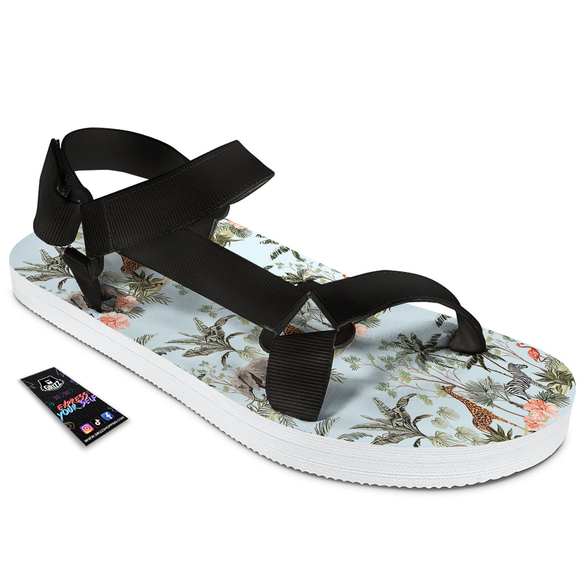 Giraffe Tropical Zebra Print Pattern Black Open Toe Sandals-grizzshop