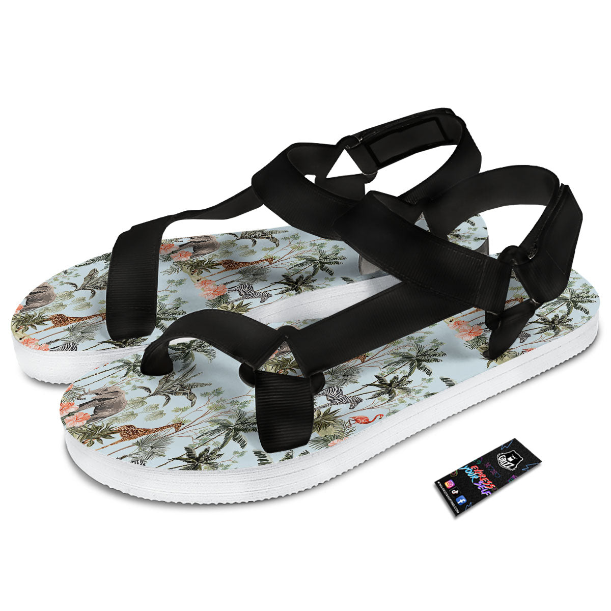 Giraffe Tropical Zebra Print Pattern Black Open Toe Sandals-grizzshop