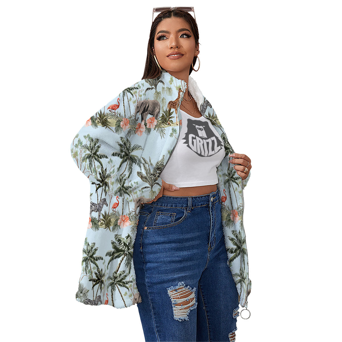 Giraffe Tropical Zebra Print Pattern Women's Sherpa Jacket-grizzshop