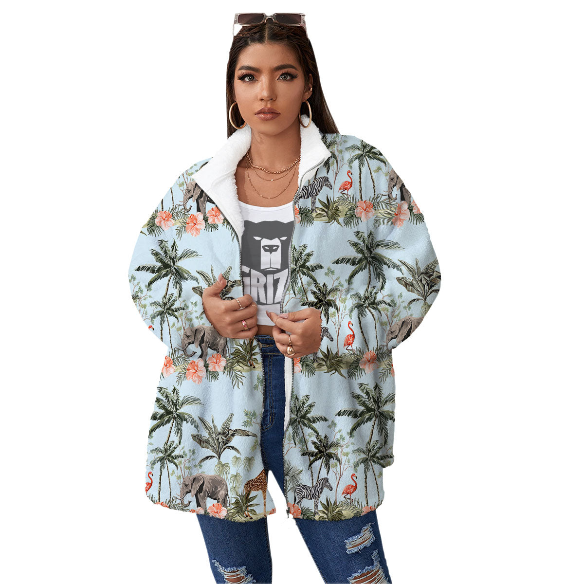 Giraffe Tropical Zebra Print Pattern Women's Sherpa Jacket-grizzshop