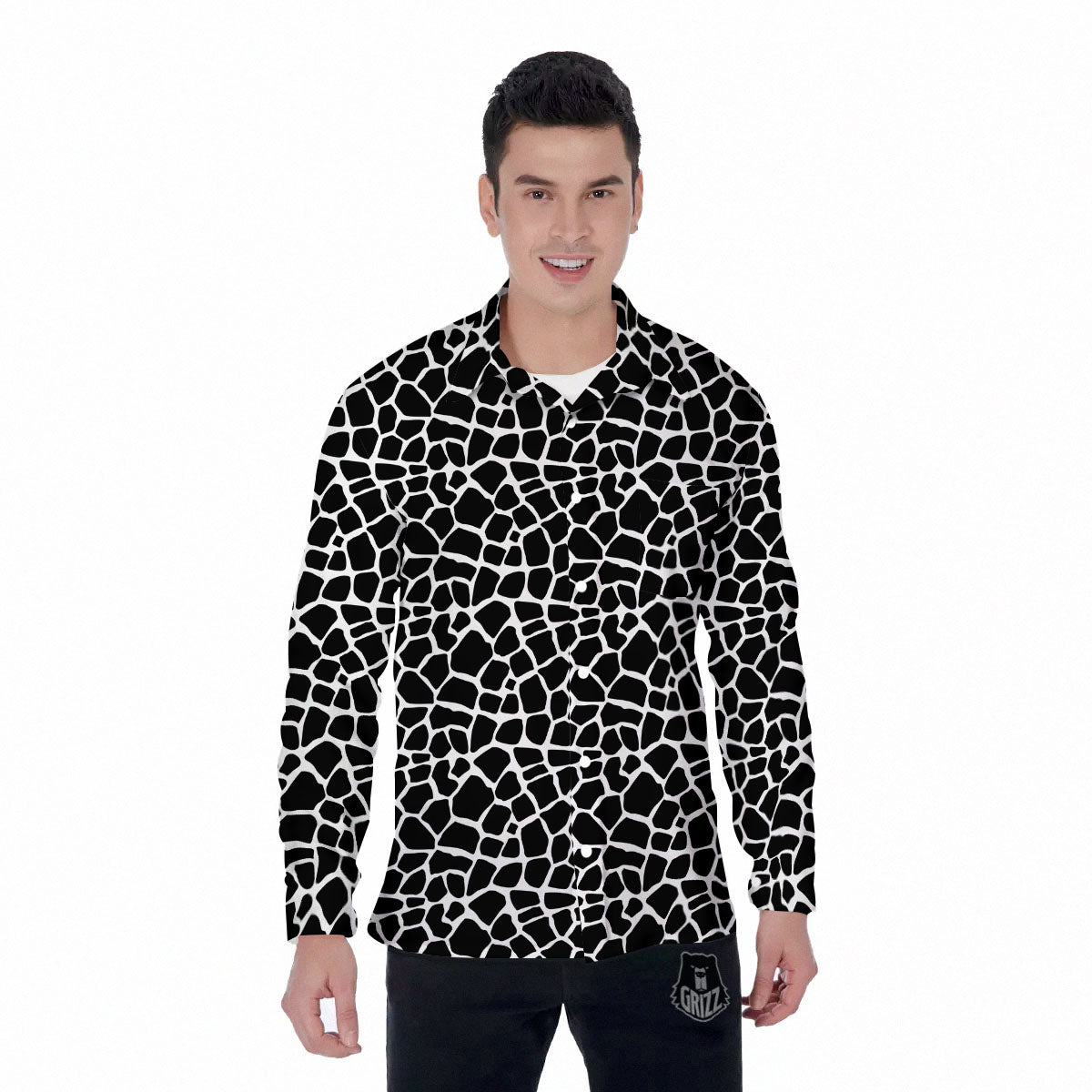 Giraffe White And Black Print Pattern Men's Long Sleeve Shirts-grizzshop