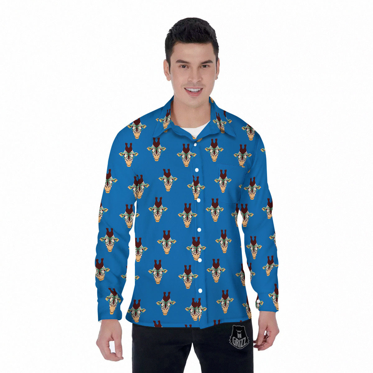 Giraffe With Glasses Print Pattern Men's Long Sleeve Shirts-grizzshop