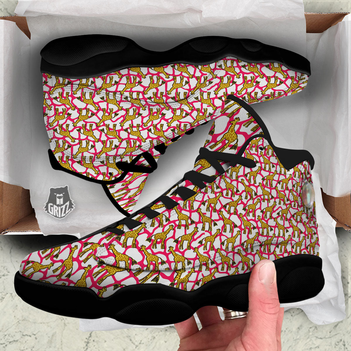 Giraffe Yellow And Pink Print Pattern Black Basketball Shoes-grizzshop