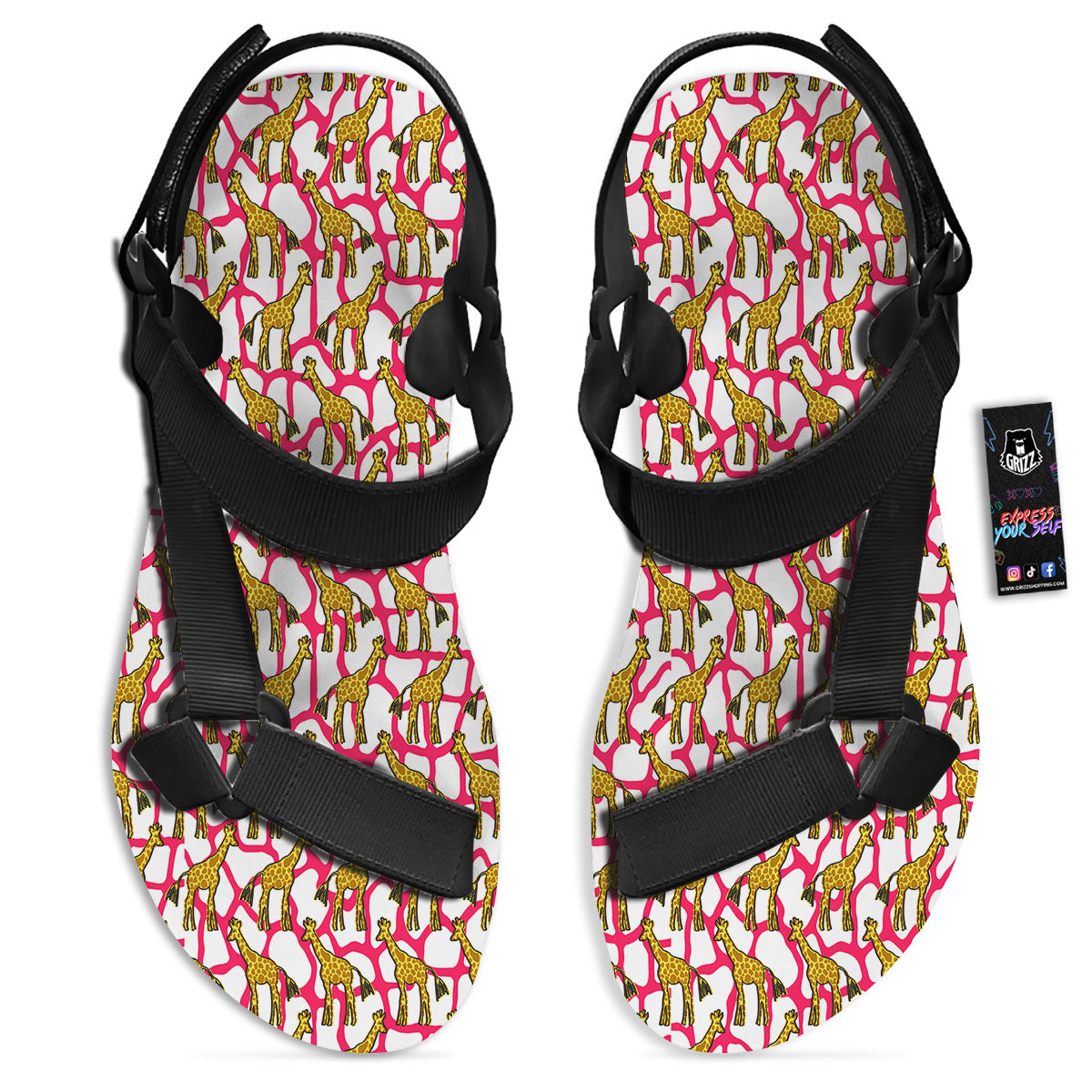 Giraffe Yellow And Pink Print Pattern Black Open Toe Sandals-grizzshop