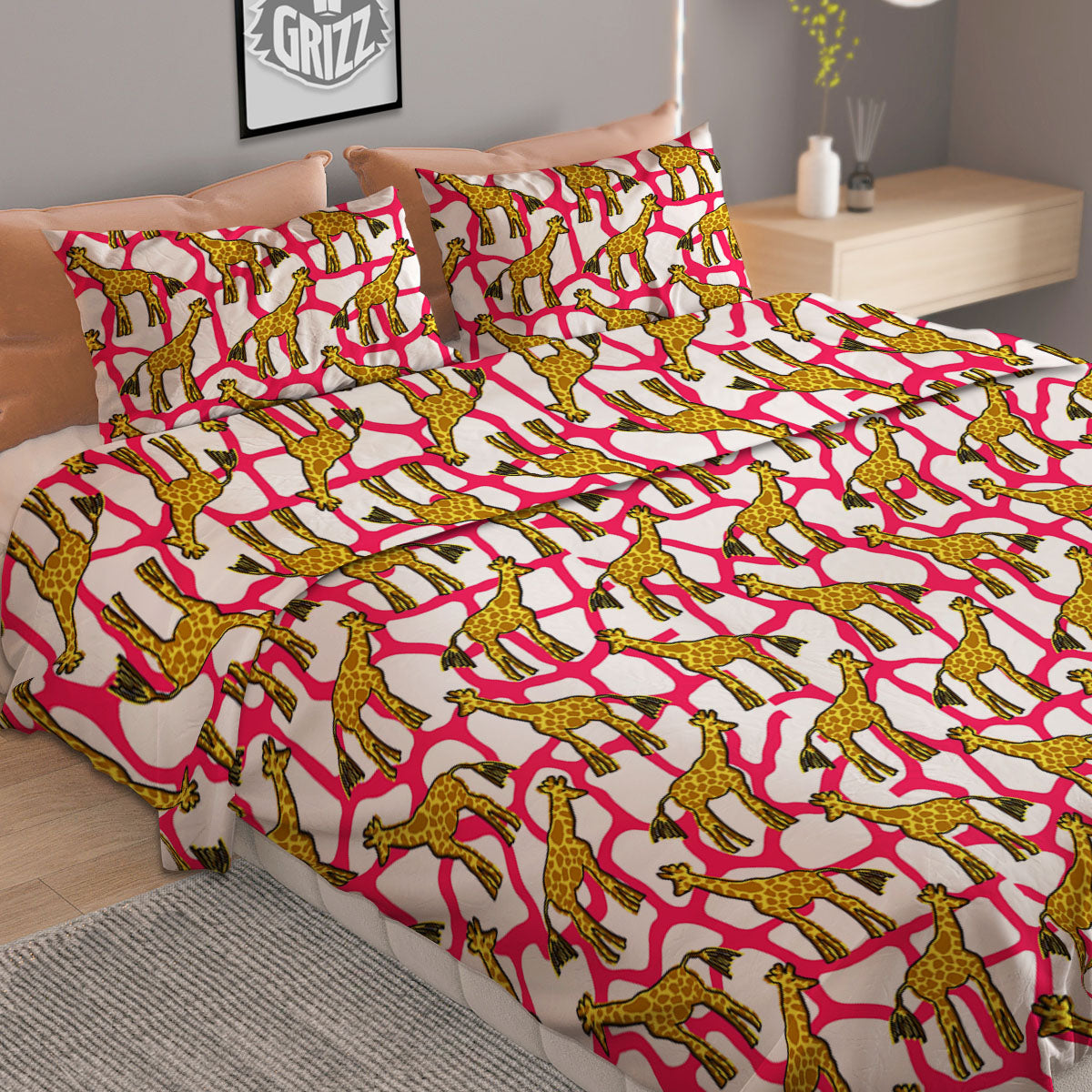 Giraffe Yellow And Pink Print Pattern Duvet Cover Bedding Set