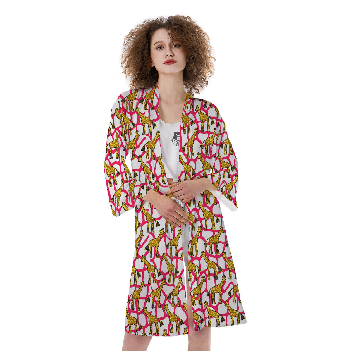 Giraffe Yellow And Pink Print Pattern Kimono-grizzshop