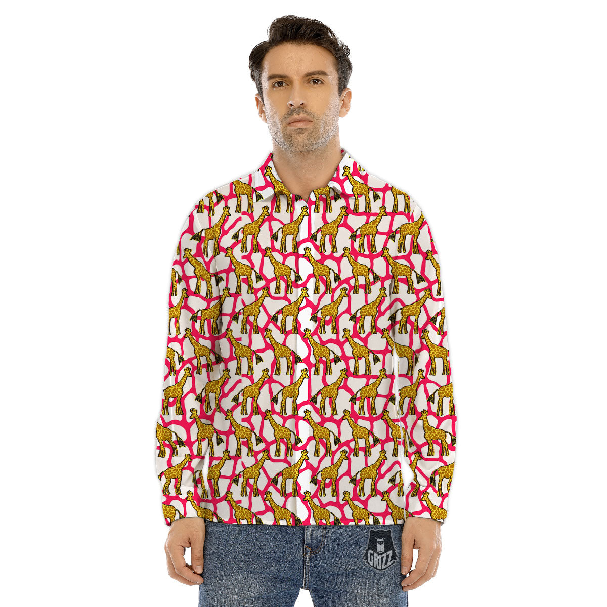 Giraffe Yellow And Pink Print Pattern Men's Dress Shirts-grizzshop