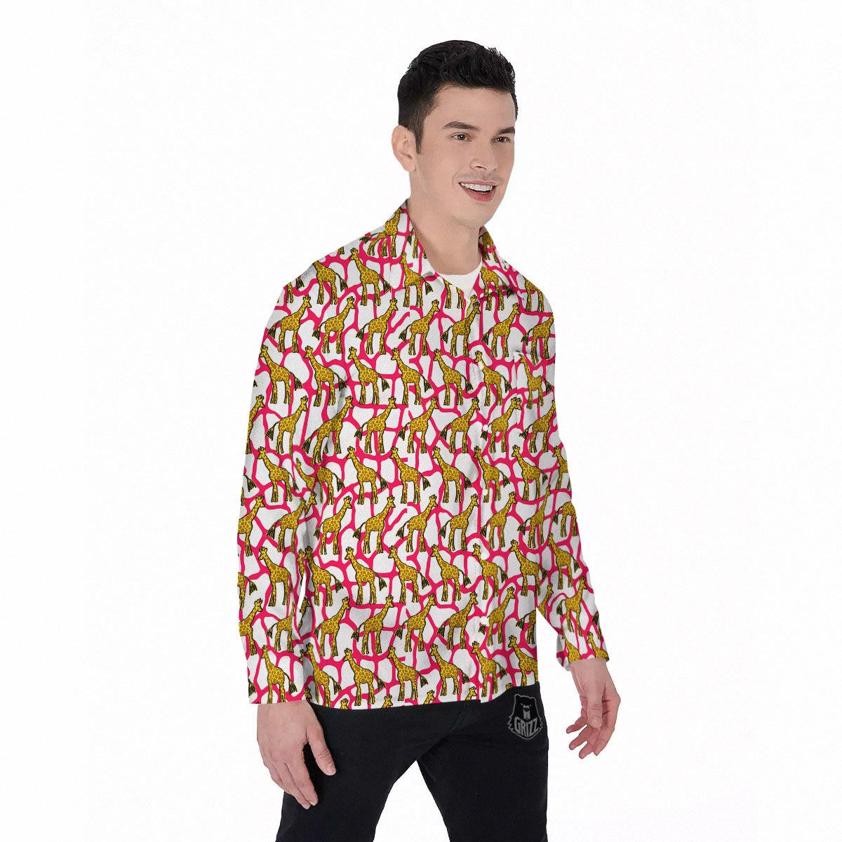 Giraffe Yellow And Pink Print Pattern Men's Long Sleeve Shirts-grizzshop