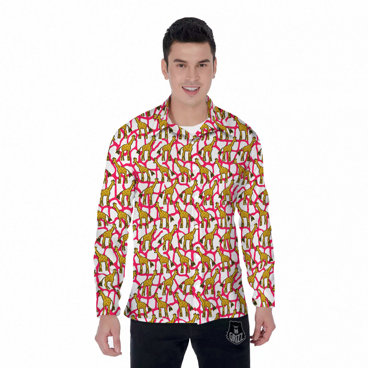 Giraffe Yellow And Pink Print Pattern Men's Long Sleeve Shirts-grizzshop
