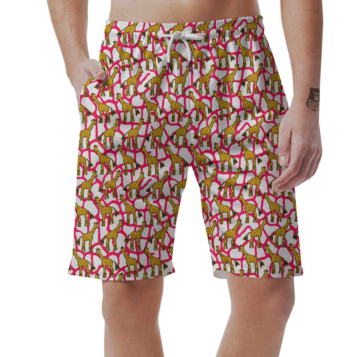 Giraffe Yellow And Pink Print Pattern Men's Shorts-grizzshop