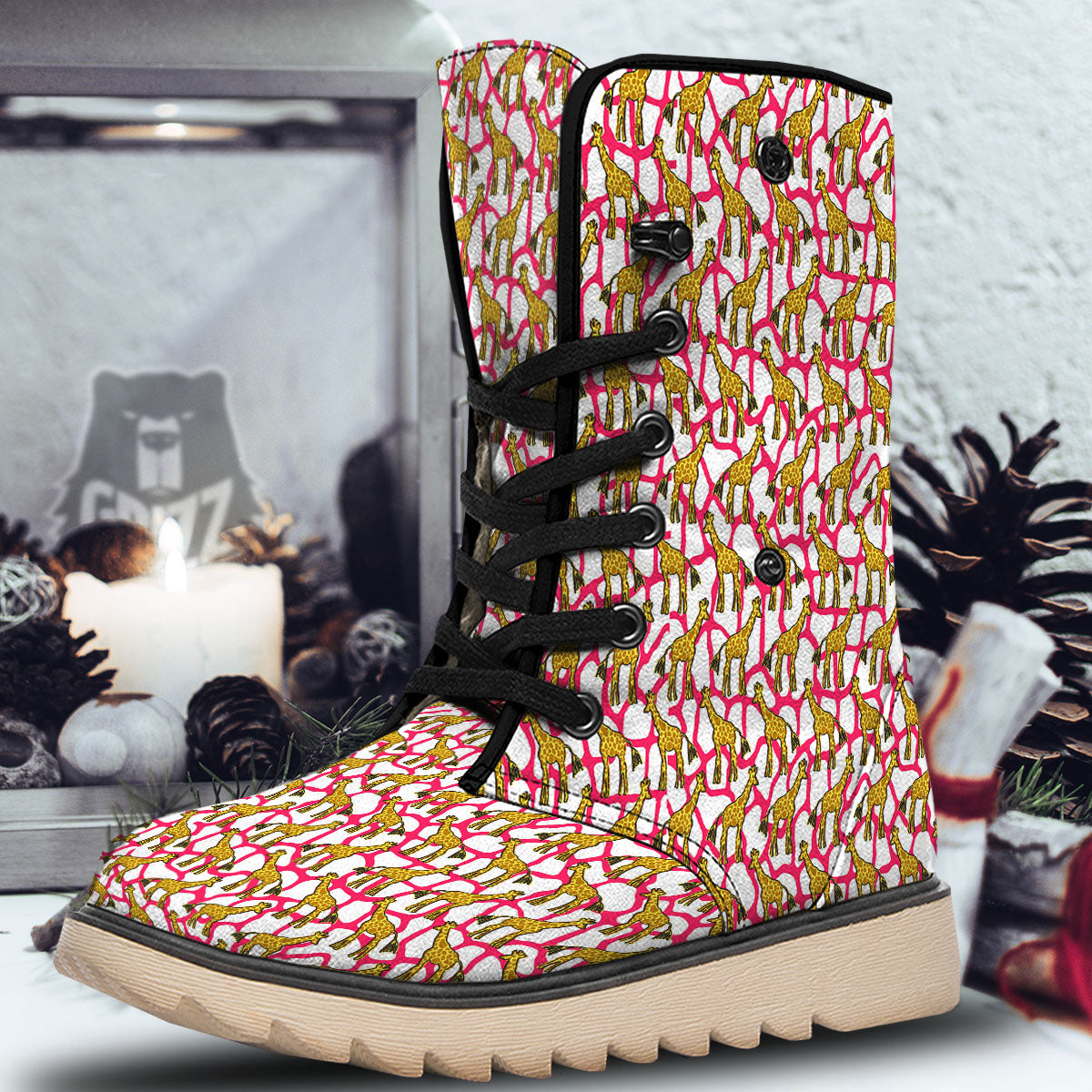 Giraffe Yellow And Pink Print Pattern Snow Boots-grizzshop