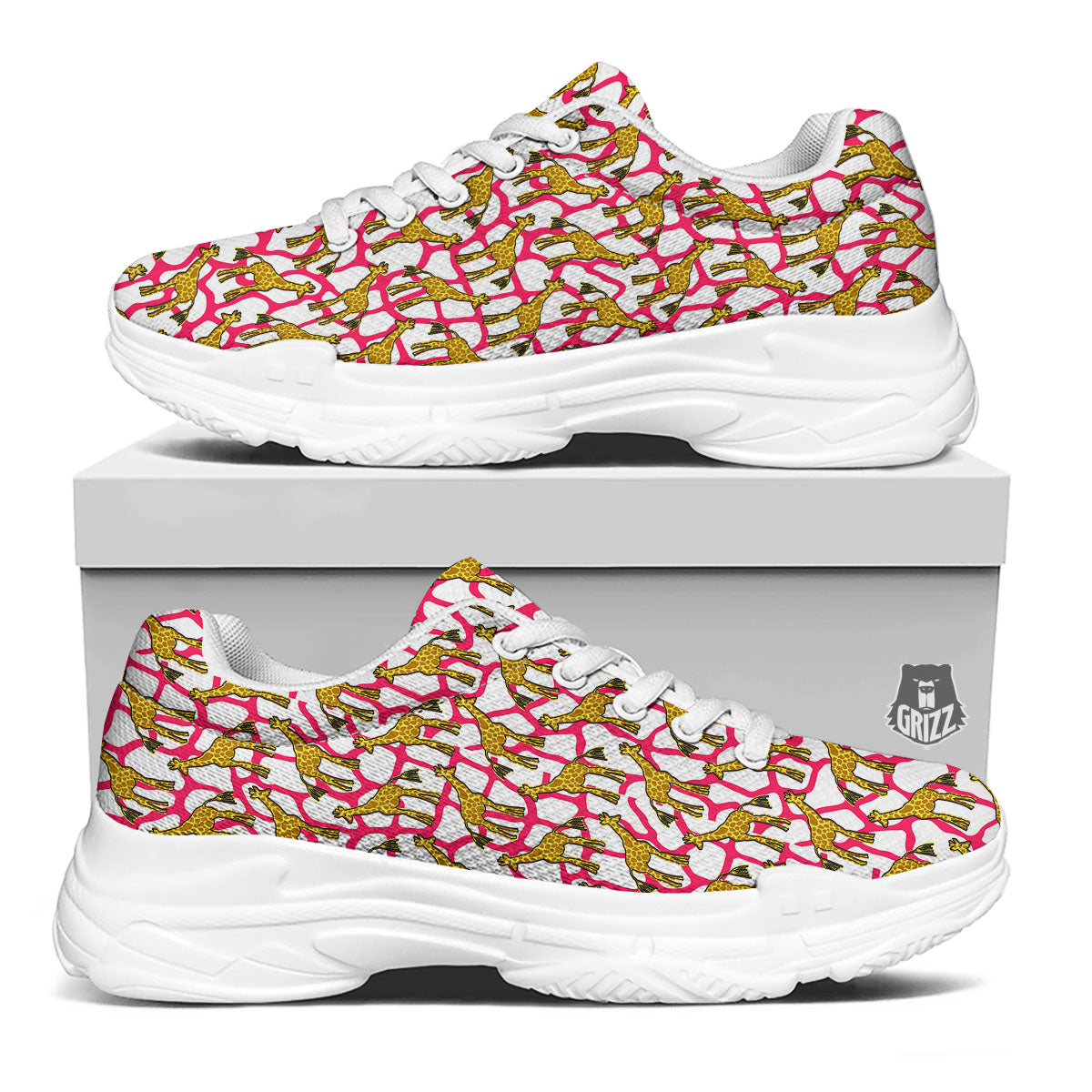 Giraffe Yellow And Pink Print Pattern White Chunky Shoes-grizzshop
