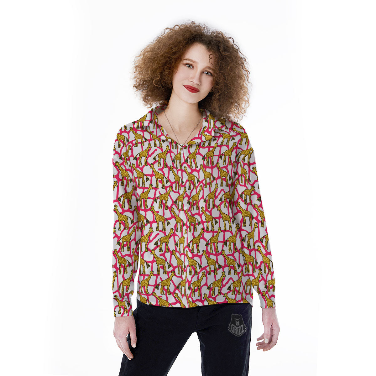 Giraffe Yellow And Pink Print Pattern Women's Long Sleeve Shirts-grizzshop