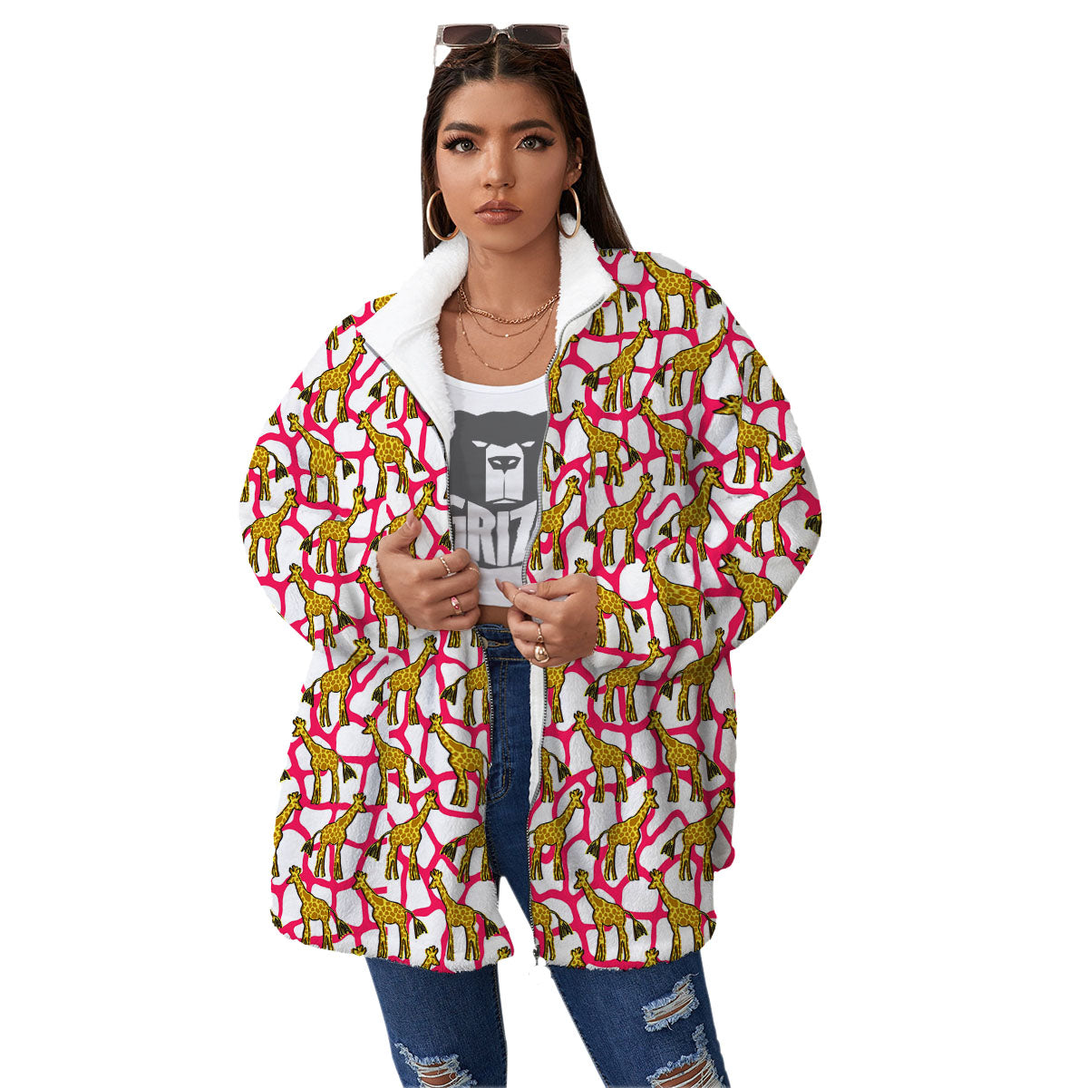 Giraffe Yellow And Pink Print Pattern Women's Sherpa Jacket-grizzshop