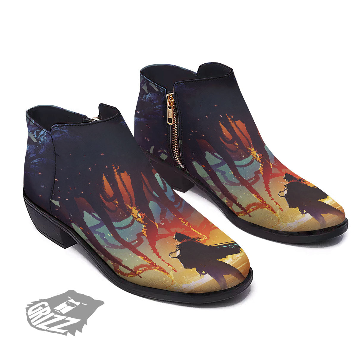 Girl Fight With Alien Octopus Monster Print Ankle Boots-grizzshop