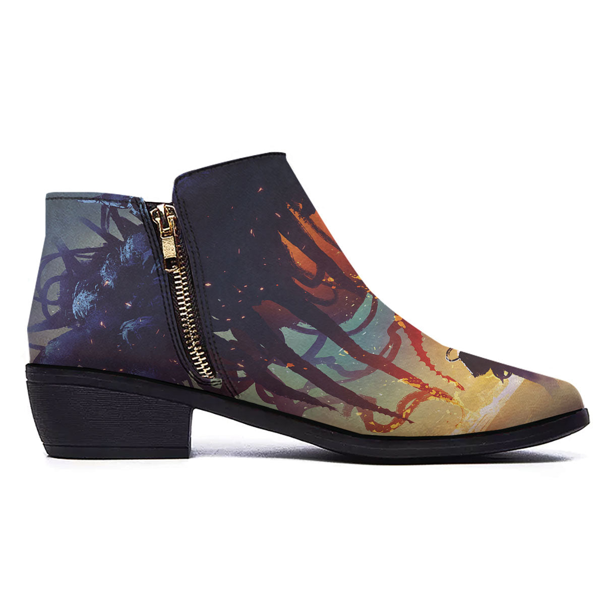 Girl Fight With Alien Octopus Monster Print Ankle Boots-grizzshop