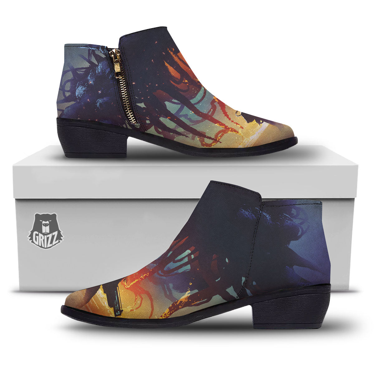 Girl Fight With Alien Octopus Monster Print Ankle Boots-grizzshop