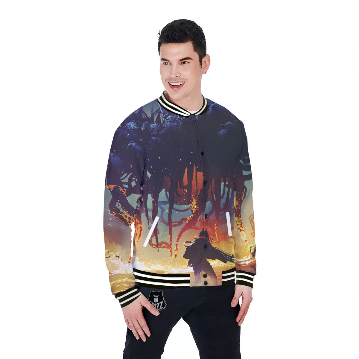 Girl Fight With Alien Octopus Monster Print Baseball Jacket-grizzshop