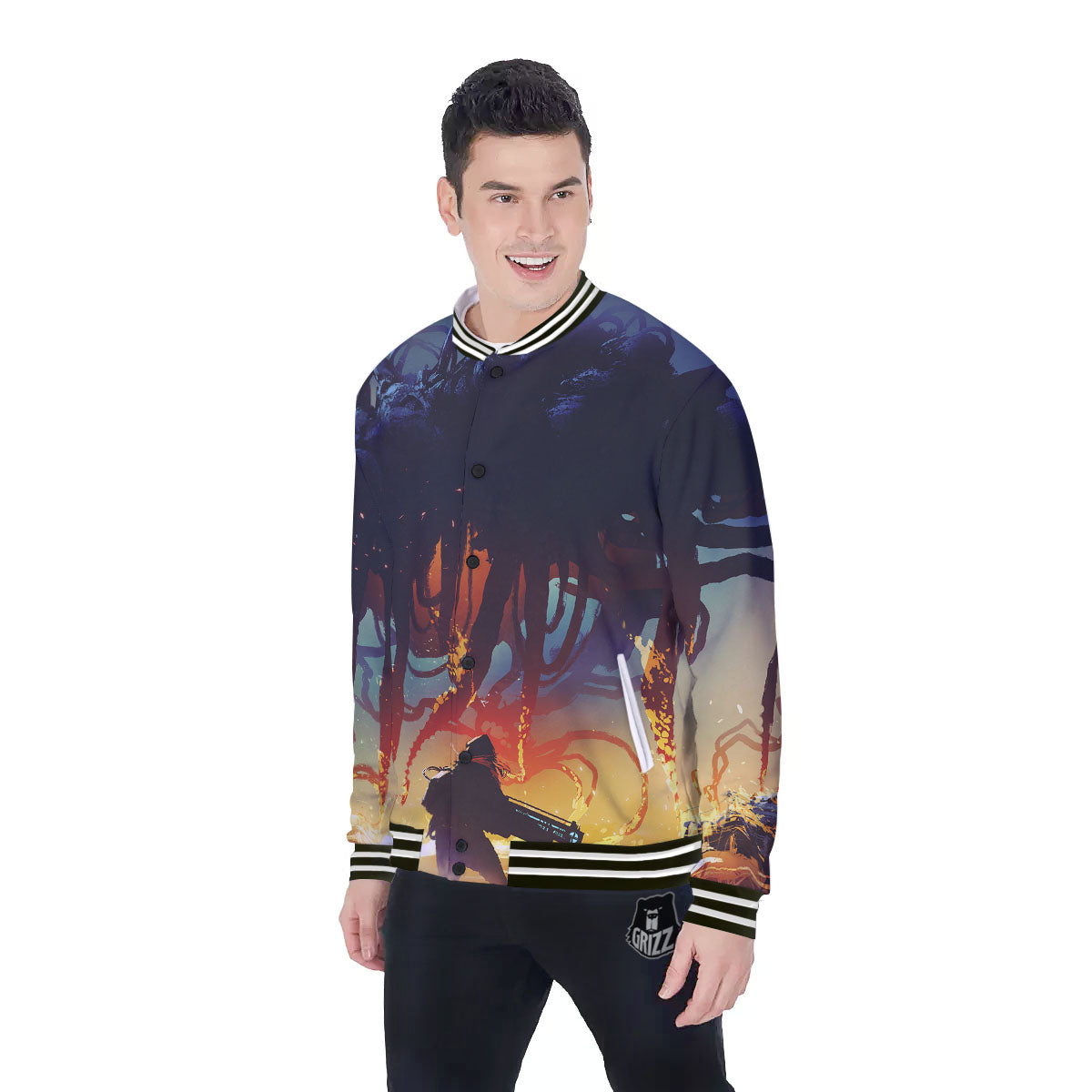 Girl Fight With Alien Octopus Monster Print Baseball Jacket-grizzshop