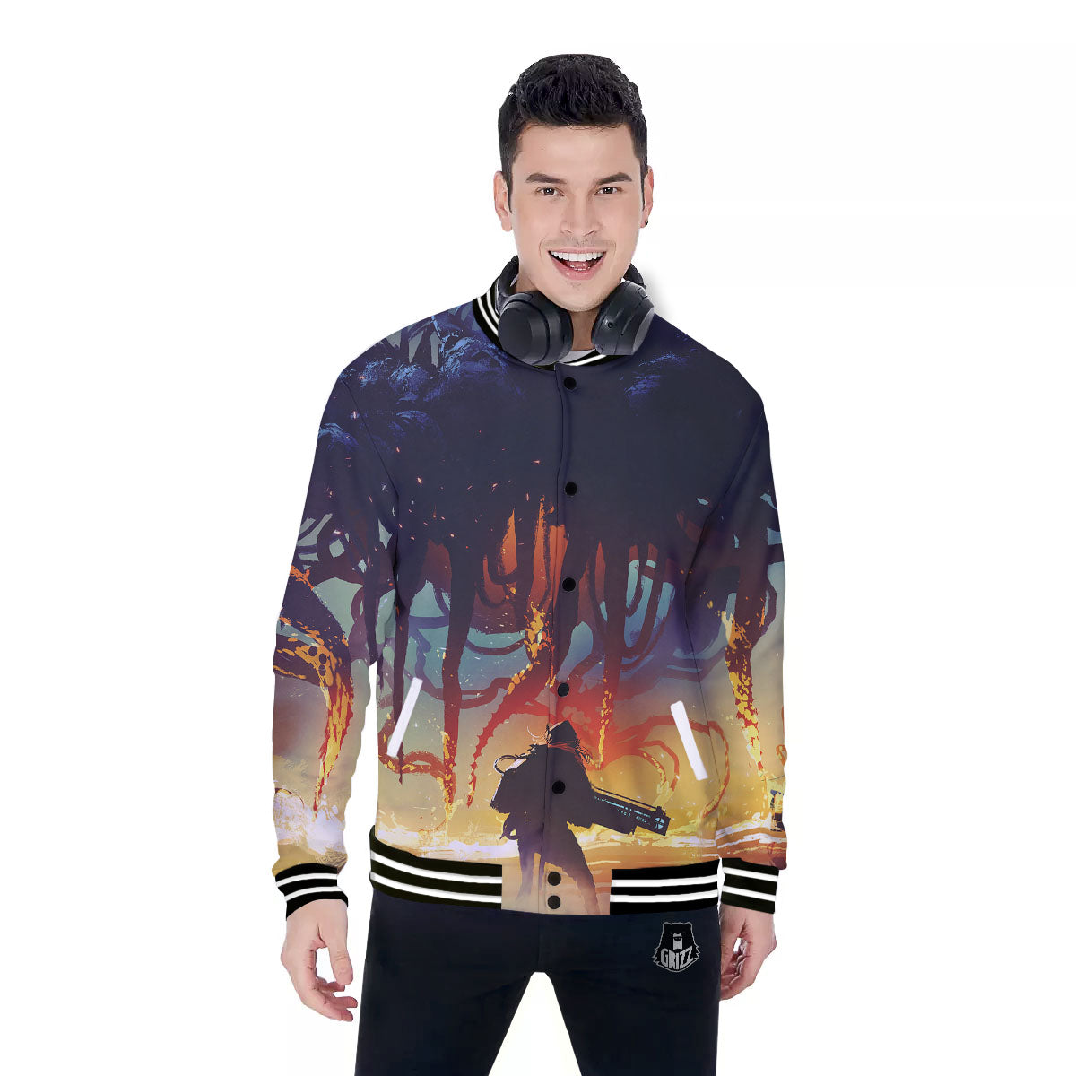 Girl Fight With Alien Octopus Monster Print Baseball Jacket-grizzshop