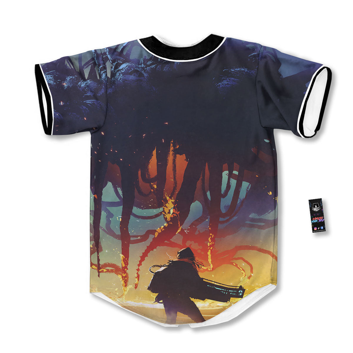 Girl Fight With Alien Octopus Monster Print Baseball Jersey-grizzshop