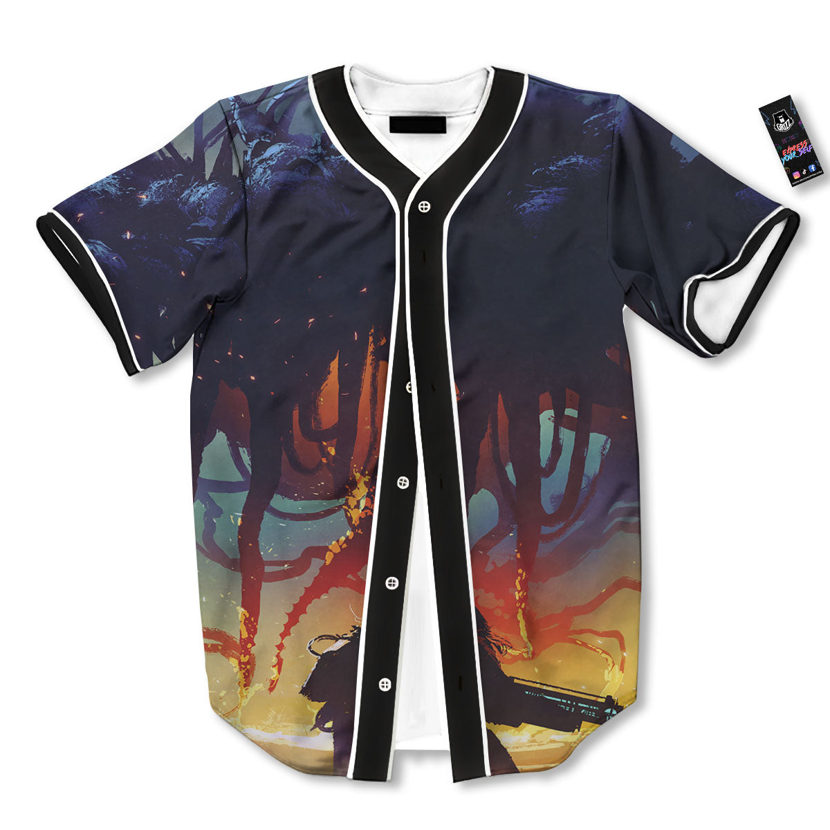 Girl Fight With Alien Octopus Monster Print Baseball Jersey-grizzshop