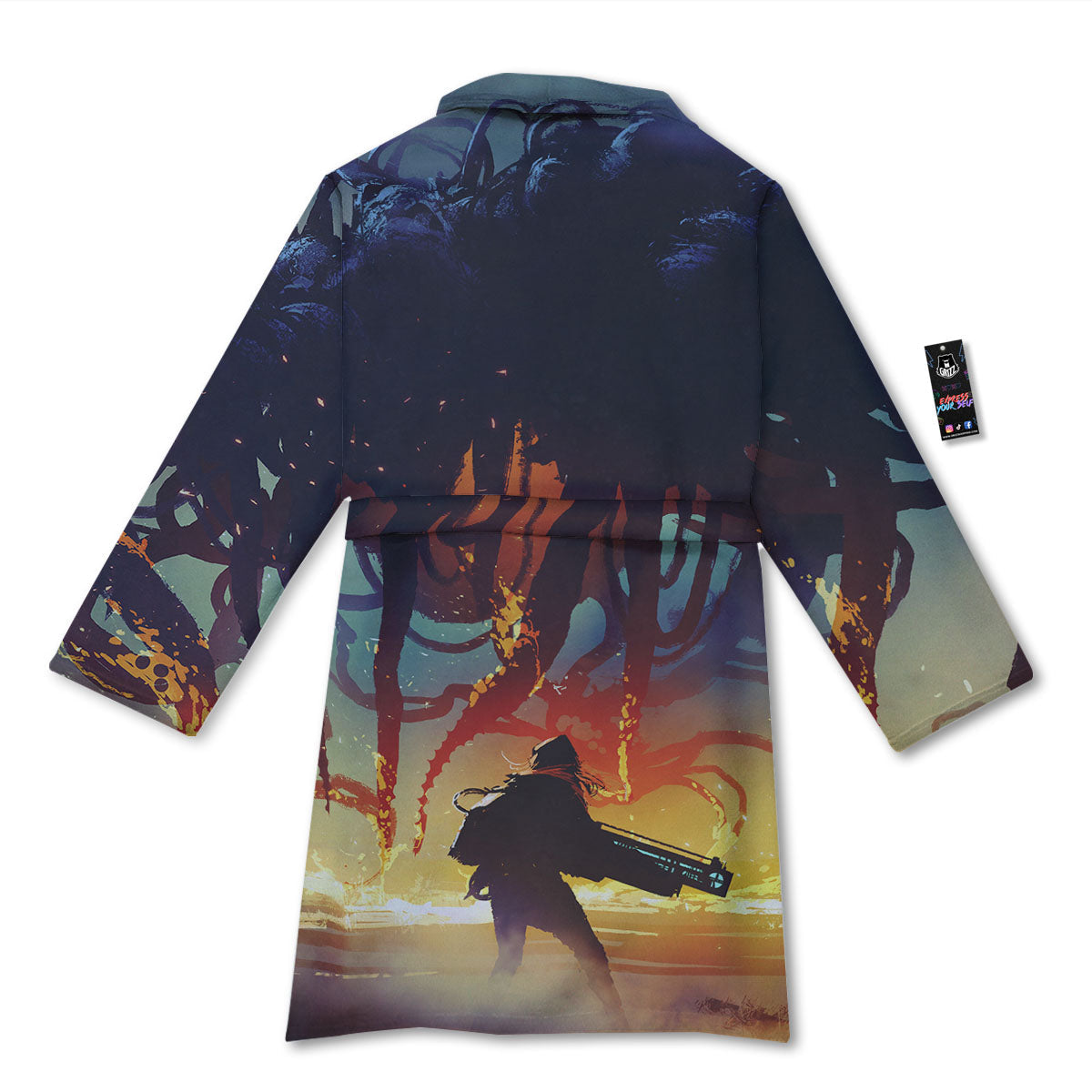 Girl Fight With Alien Octopus Monster Print Bathrobe-grizzshop