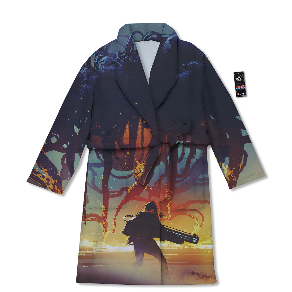 Girl Fight With Alien Octopus Monster Print Bathrobe-grizzshop