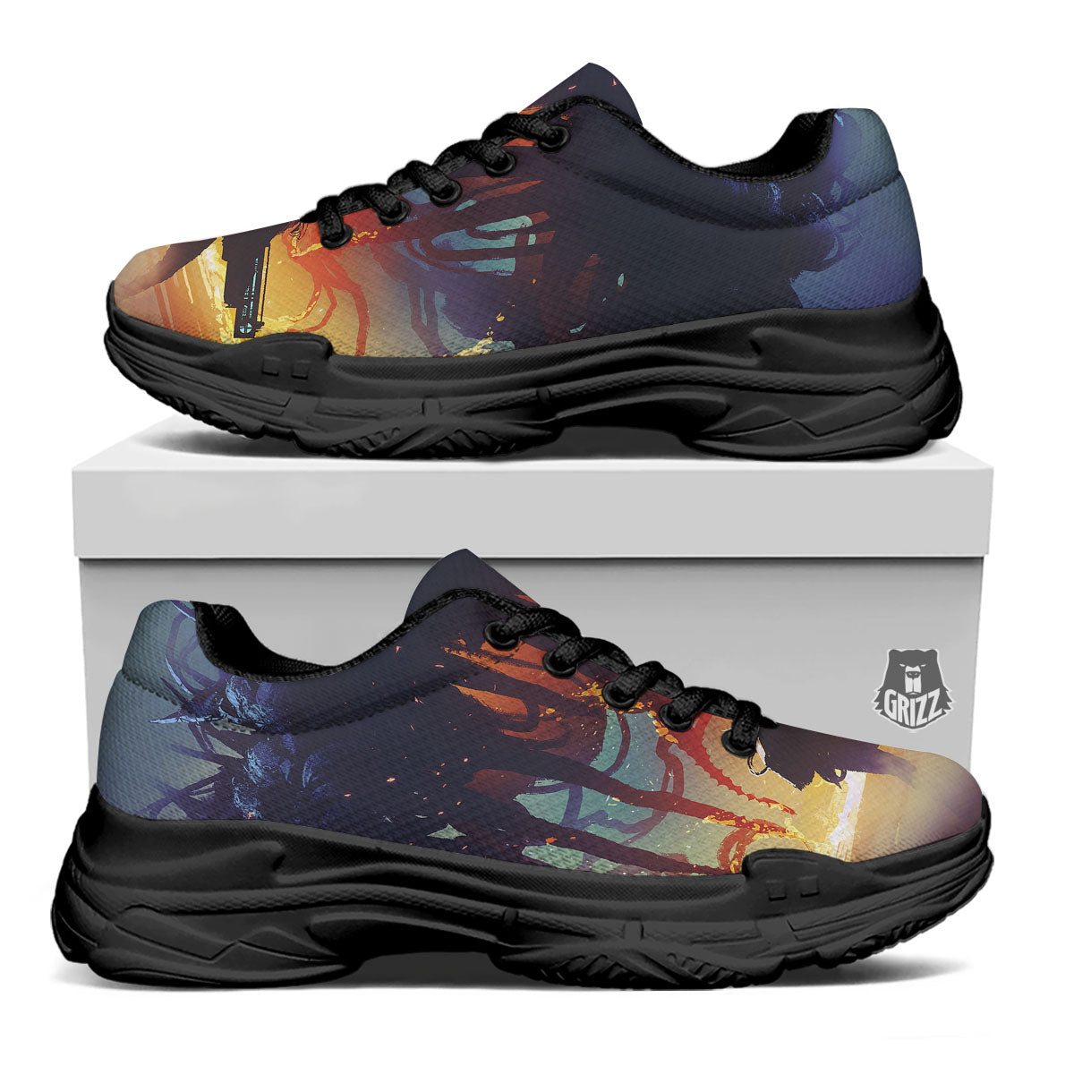 Girl Fight With Alien Octopus Monster Print Black Chunky Shoes-grizzshop