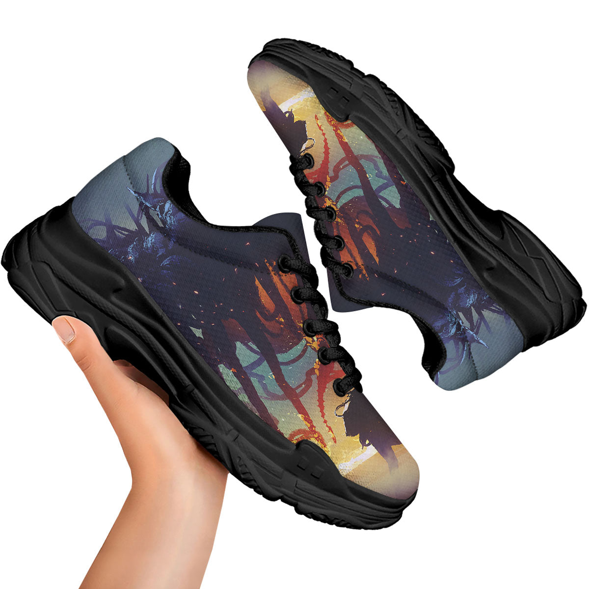 Girl Fight With Alien Octopus Monster Print Black Chunky Shoes-grizzshop