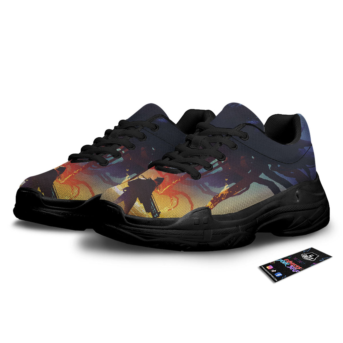 Girl Fight With Alien Octopus Monster Print Black Chunky Shoes-grizzshop