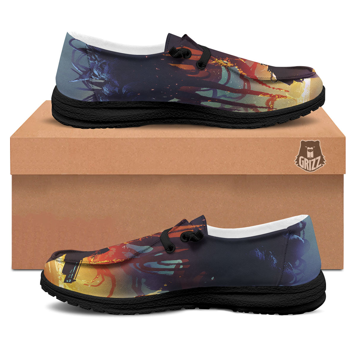 Girl Fight With Alien Octopus Monster Print Black Loafers-grizzshop