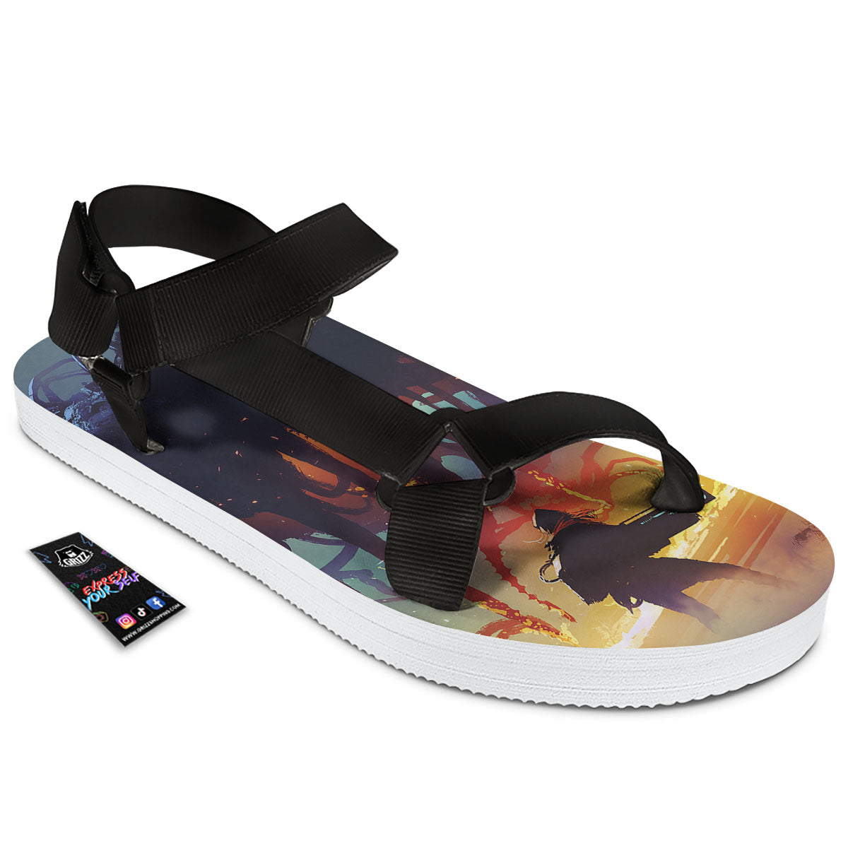 Girl Fight With Alien Octopus Monster Print Black Open Toe Sandals-grizzshop