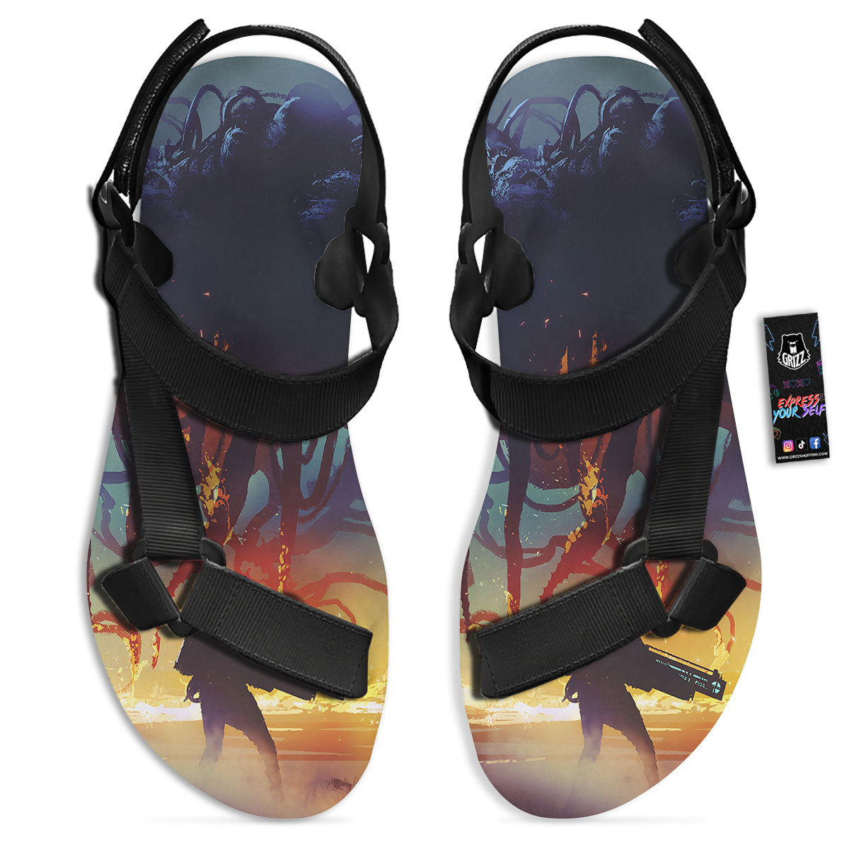 Girl Fight With Alien Octopus Monster Print Black Open Toe Sandals-grizzshop