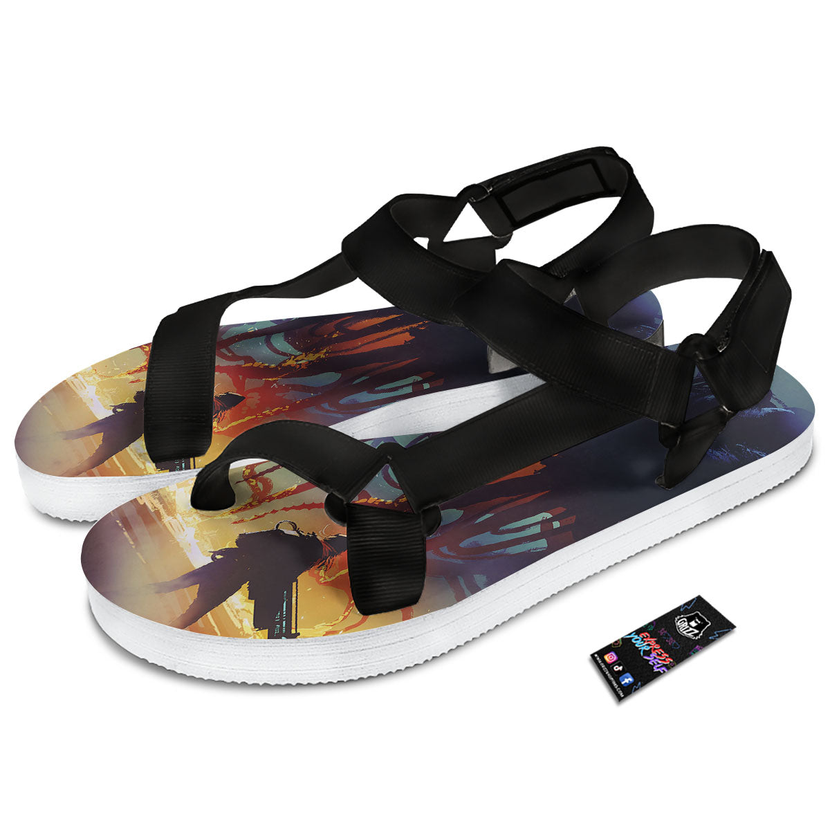 Girl Fight With Alien Octopus Monster Print Black Open Toe Sandals-grizzshop