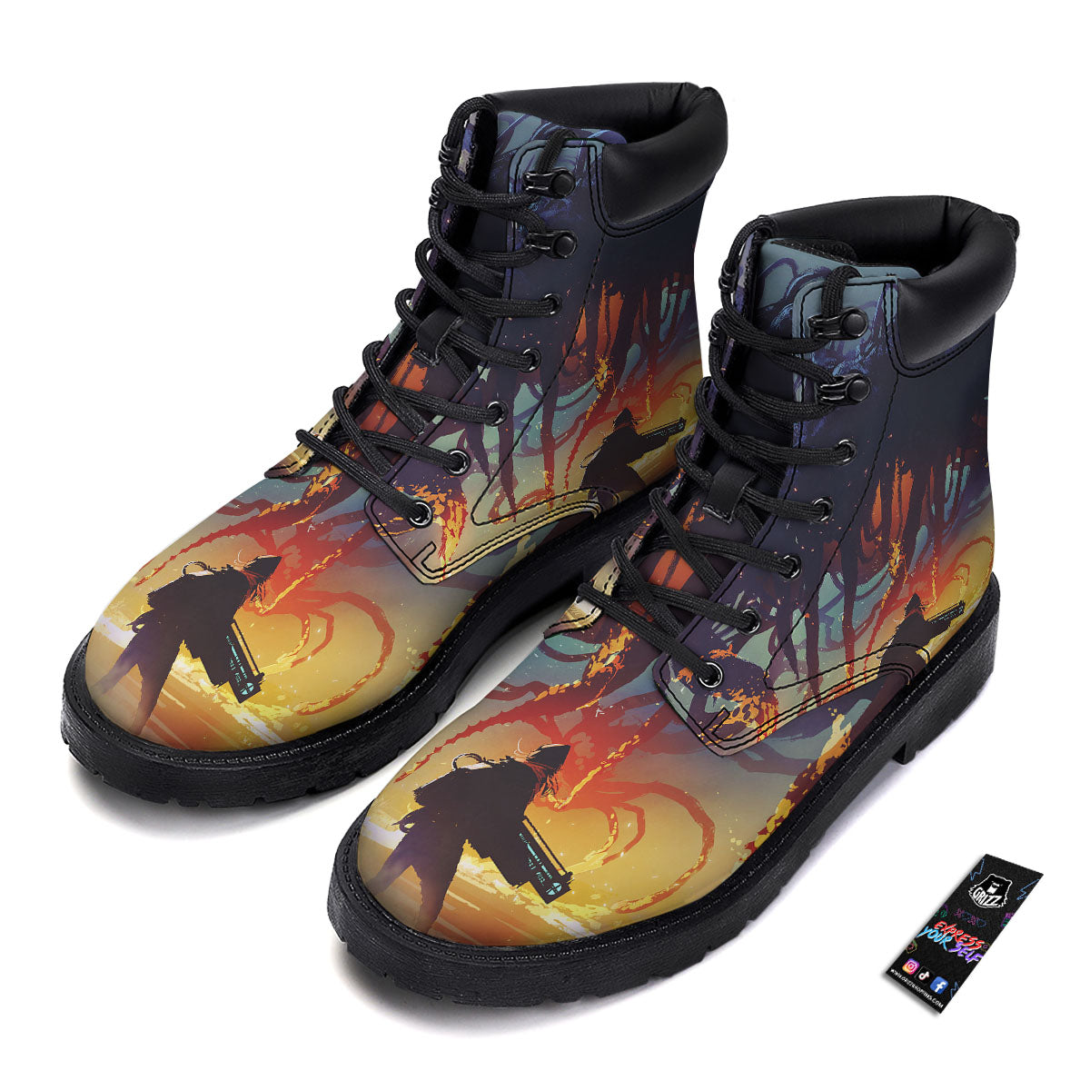 Girl Fight With Alien Octopus Monster Print Boots-grizzshop