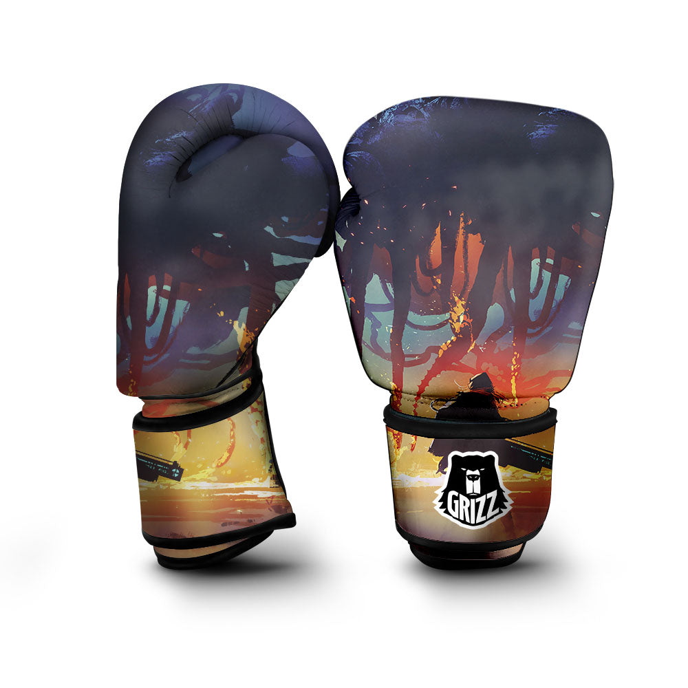 Girl Fight With Alien Octopus Monster Print Boxing Gloves-grizzshop